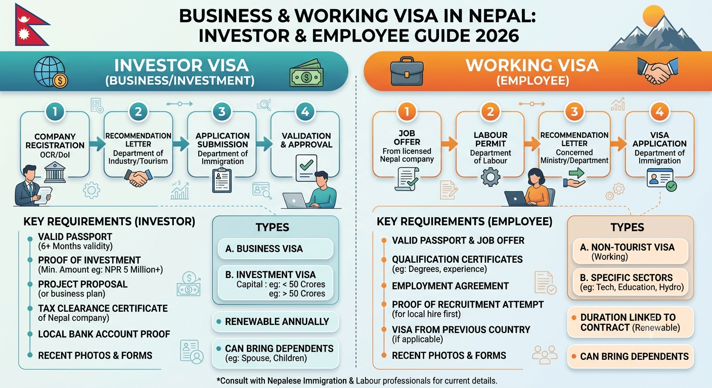 Corporate immigration desk with investment portfolio, employment file and blank travel document overlooking Kathmandu
