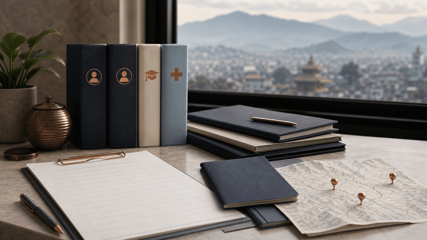 Nepal child-maintenance and cross-border planning desk with education, healthcare, parent and travel records