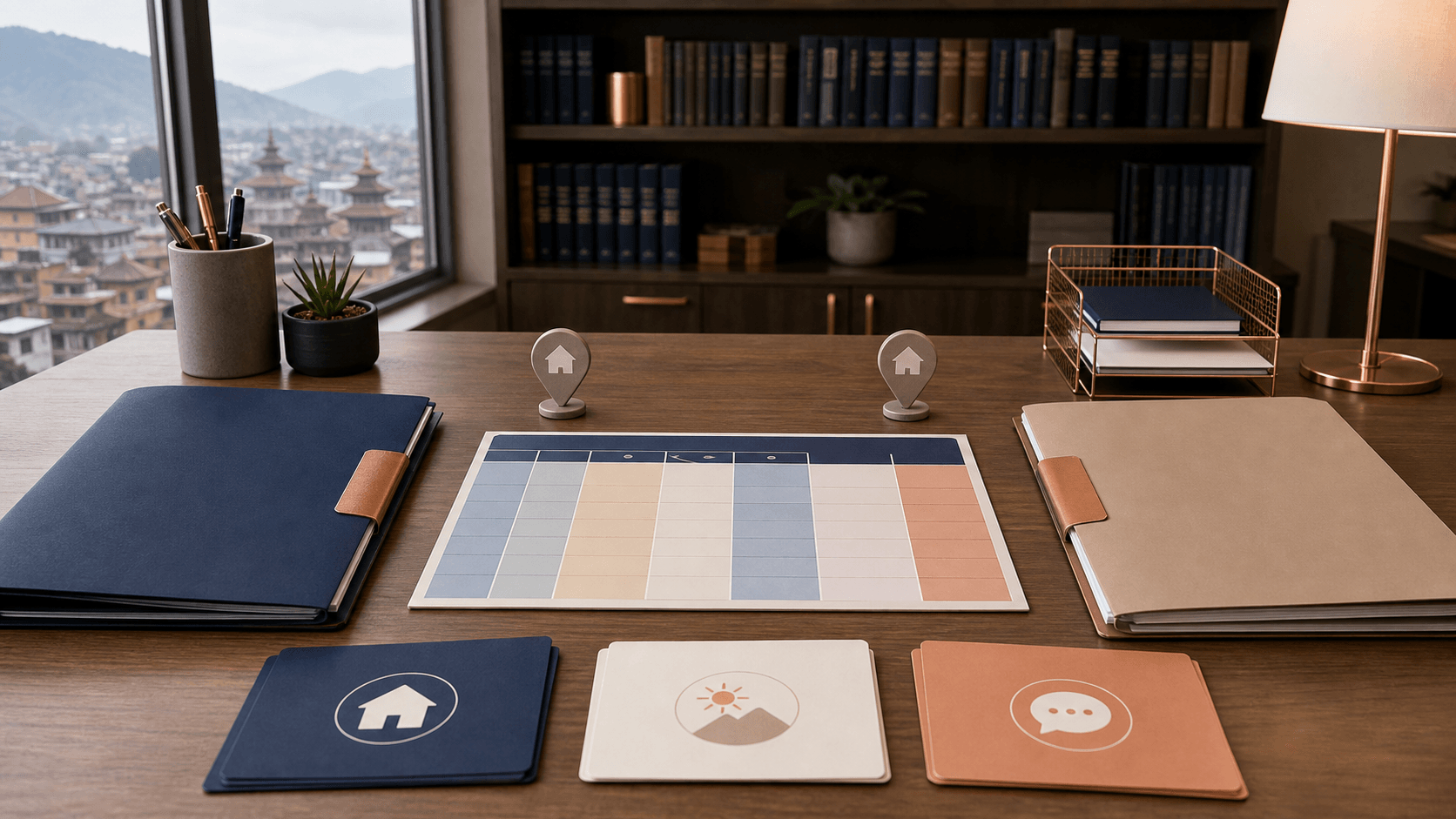 Confidential Nepal divorce-planning desk with two separate document portfolios and a neutral court settlement file