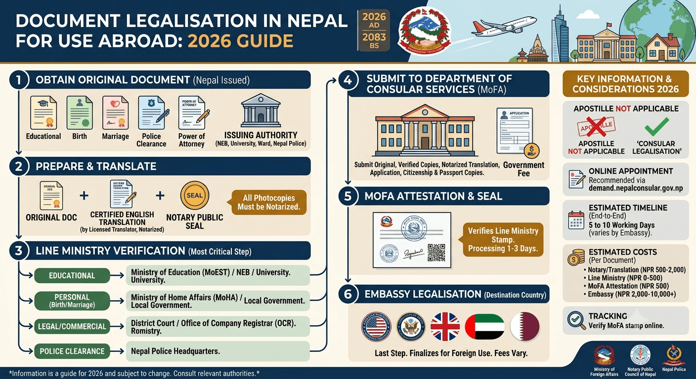 Nepali documents arranged in an international authentication chain beside a Nepal flag and globe