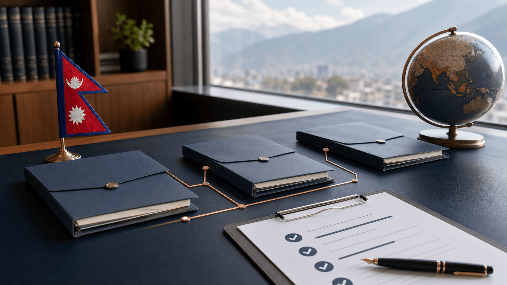 Nepal flag, connected investment files and checklist representing the FDI approval process through DOI or IBN