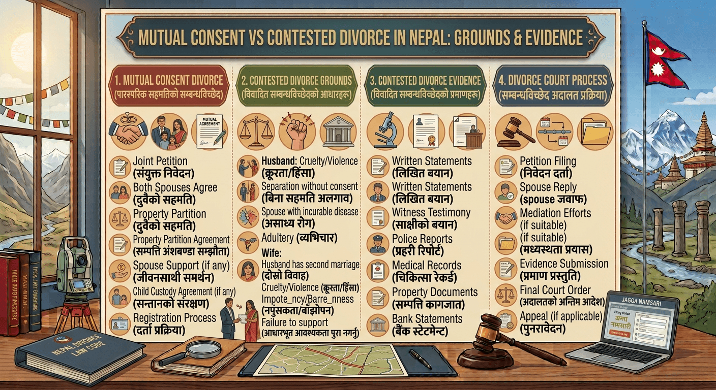 Nepal divorce strategy desk comparing a mutual settlement file with a contested evidence and response file
