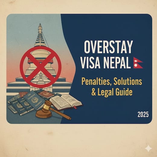 Visa compliance desk with blank travel document, extension checklist and deadline timeline overlooking Kathmandu