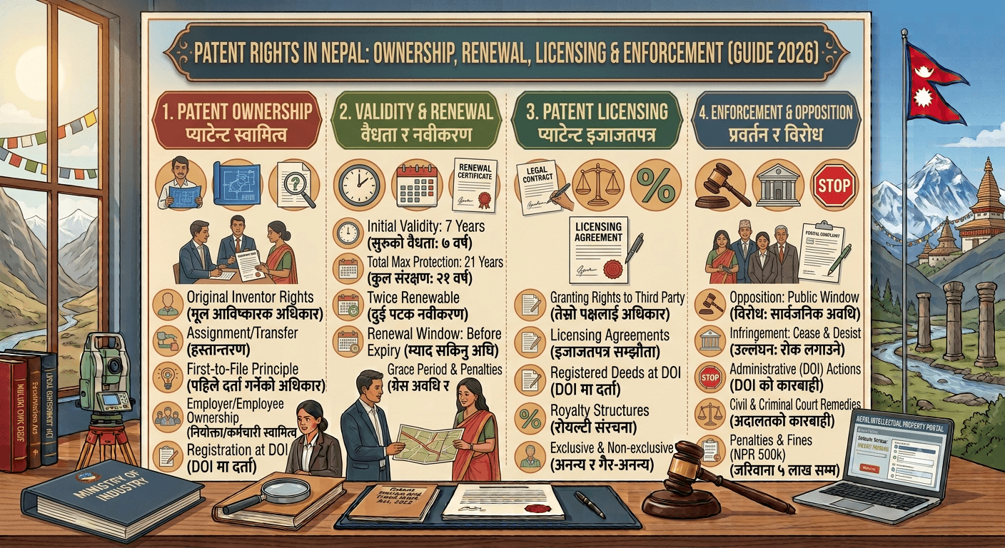 Secured engineering prototype with patent records, licensing folders and renewal calendar in Kathmandu