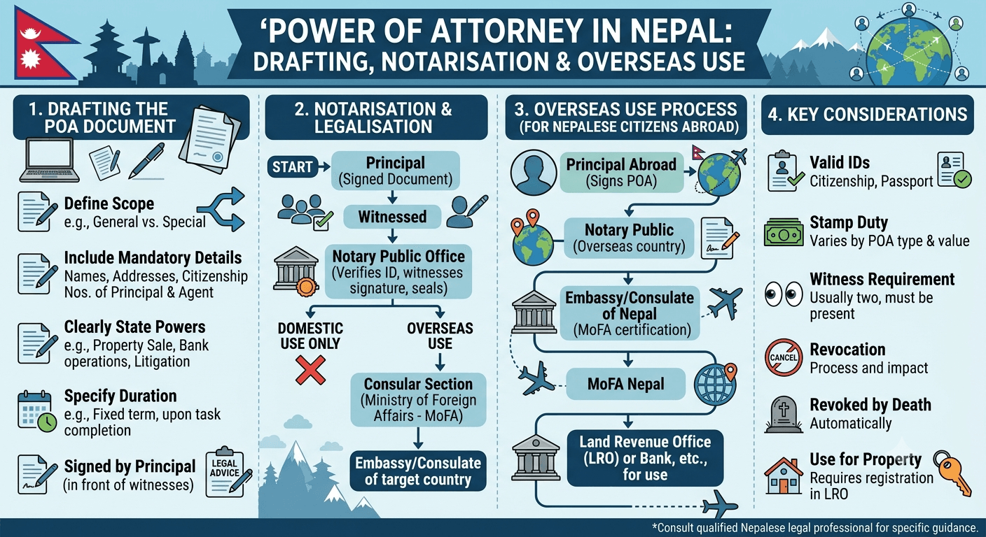 Paired authority documents, brass key, fountain pen and Nepal flag representing a Power of Attorney