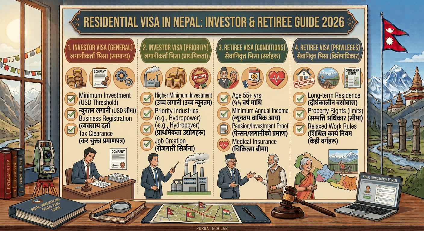 Nepal residential-visa planning desk with blank travel document, financial records and house model overlooking Kathmandu