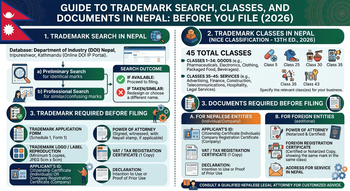 Magnifying glass reviewing abstract trademark samples and goods-service classification tabs beside a Nepal flag