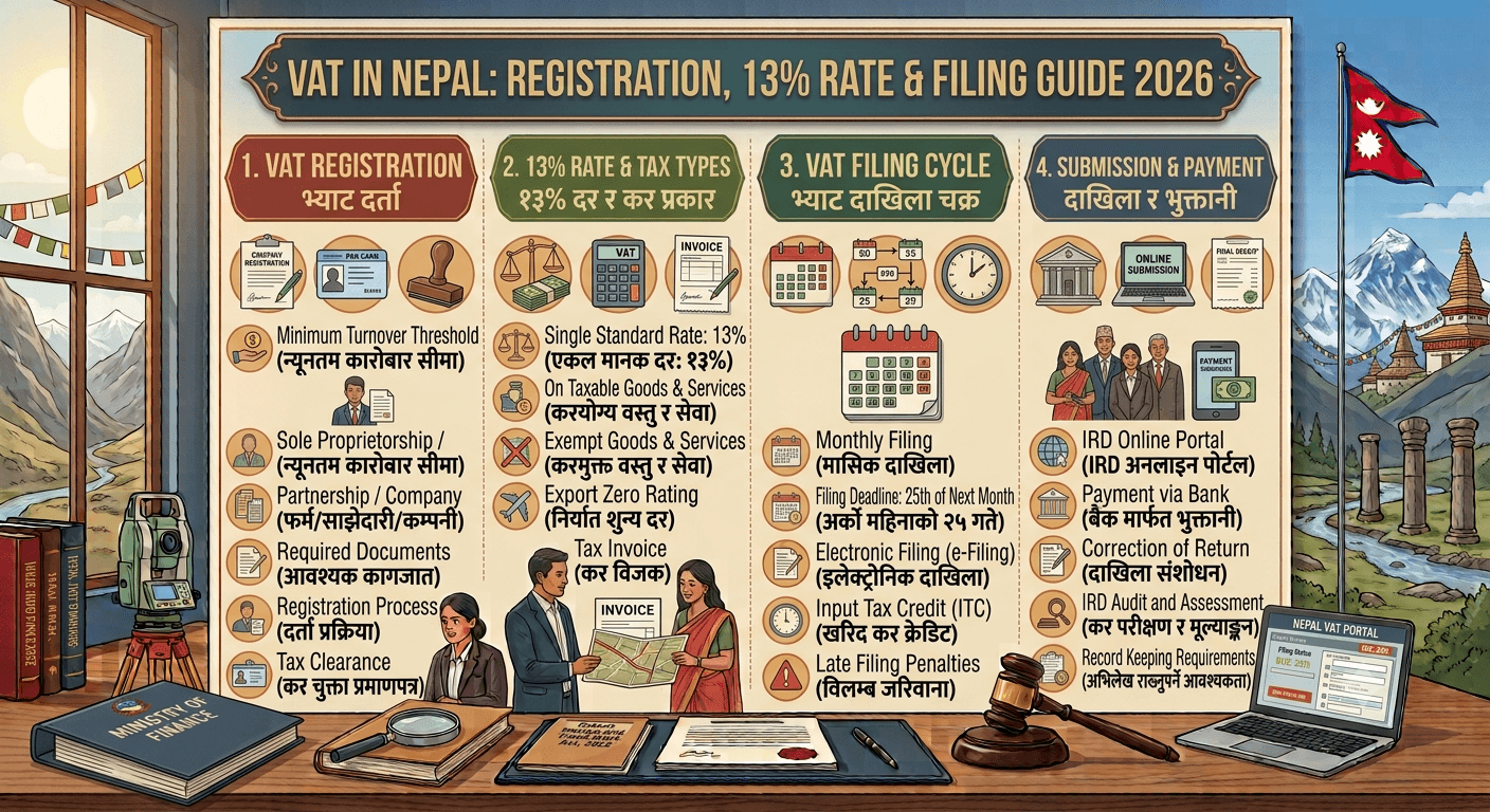 VAT invoices, calculator, filing records and Nepal flag in a professional office